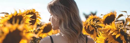 woman facing backward walks between sunflower garden in sunny sky