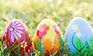 colorful easter eggs on green grass