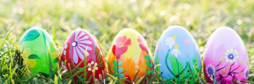 colorful easter eggs on green grass