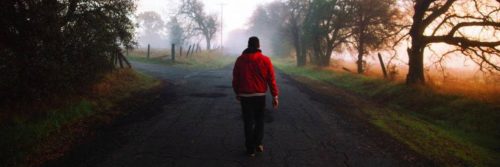 man walks alone along footpath finding his way between forest