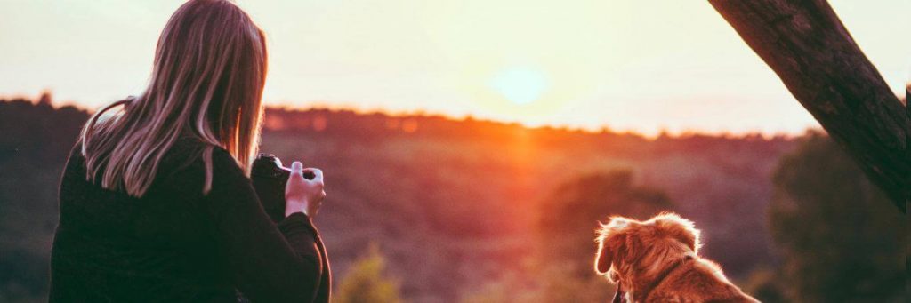 woman sits beside little puppy facing backward holding camera watching beautiful sunset