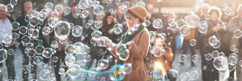 woman stands on street between crowds enjoying bubbles