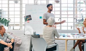 man presents about sticky notes pictures on whiteboard to four other co workers in good design office room