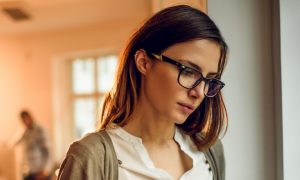 business woman wears black frame prescription glasses focuses on work in quiet office