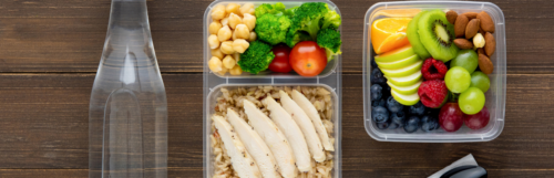 healthy fiber meal water bottle broccoli tomato brown rice sliced chicken kiwi orange blueberry raspberry almond nut